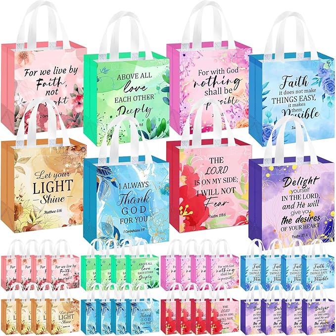 HunnmingRe 32 Pcs Christian Gift Bags Bulk, Easter Reusable Flower Religious Bible Verse Tote with Handles Non Woven Scripture Pastor Blessing Gift for Baptism Church Wedding Favors