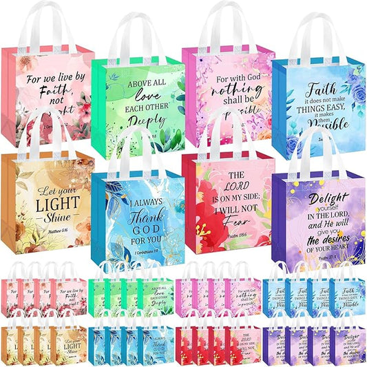 HunnmingRe 32 Pcs Christian Gift Bags Bulk, Easter Reusable Flower Religious Bible Verse Tote with Handles Non Woven Scripture Pastor Blessing Gift for Baptism Church Wedding Favors