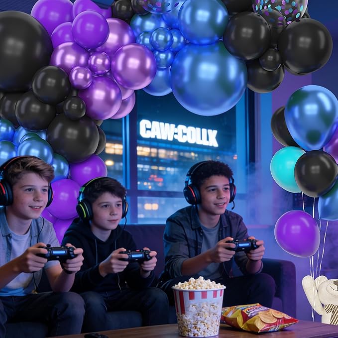 Amandir 153pcs Black Purple Blue Balloon Arch Garland Kit, Different Sizes 18 12 10 5 inch Confetti Teal Metallic Blue Purple Balloons for Video Outer Space Cat Themed Shower Birthday Party Decoration