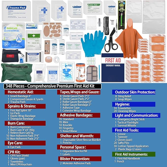 Waterproof First Aid Kits -348 Piece Comprehensive Trauma Kit, Emergency Medical Kit for Marine, Outdoor, Camping, Hurricanes, Boating and Car -With Labeled Compartments for Easy Access