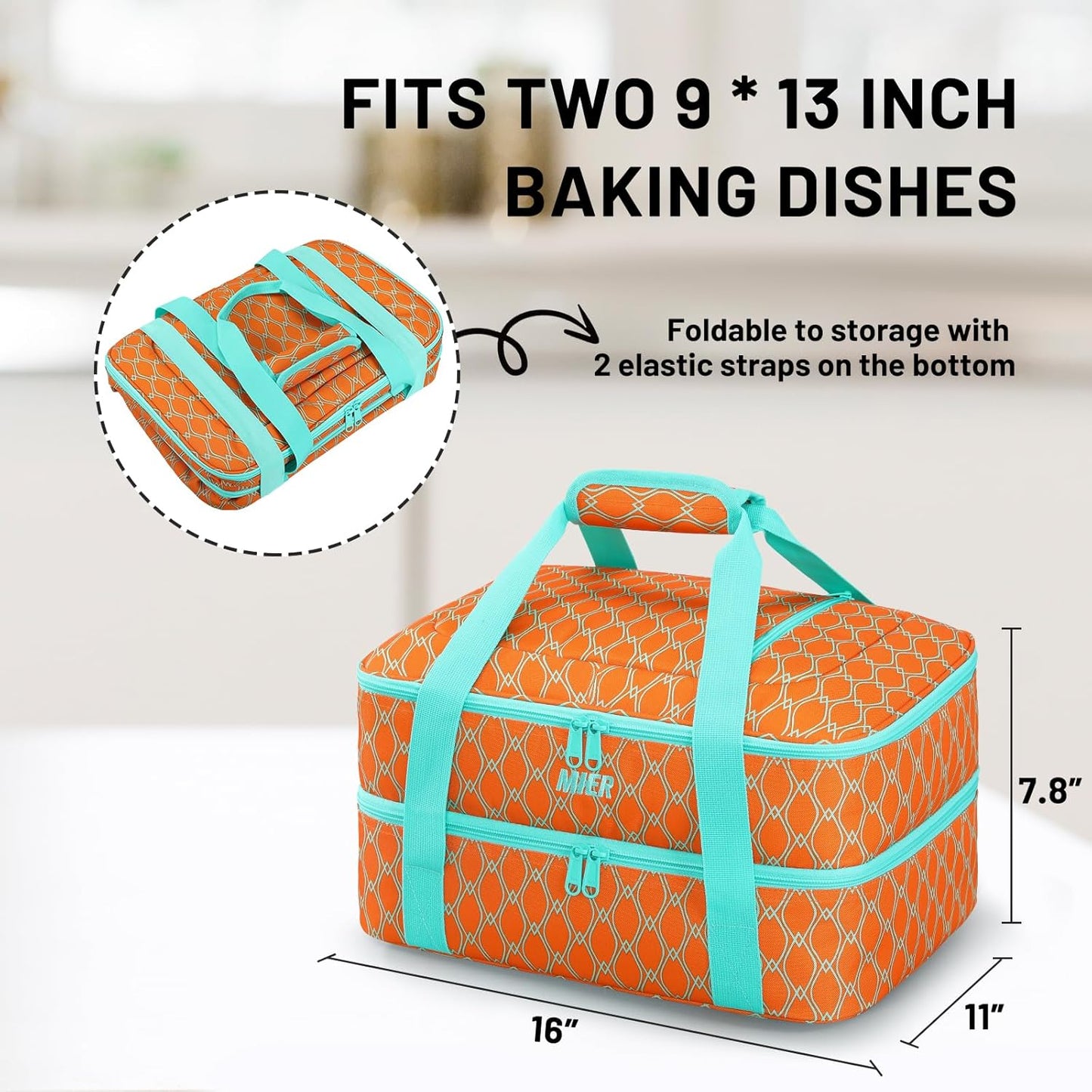 MIER Insulated Casserole Carrier Fits 9"x13" Baking Dishes/Foil Pans, Double Food Carriers Bag Thermal Holder for Hot or Cold Food Lasagna Lugger Potluck Parties Picnic Travel, Orange