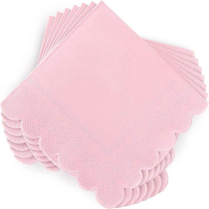 100 Pcs Pink Napkins Scalloped Edged Dessert Cocktail Napkins Folded 5 x 5 Inches Disposable Napkins for Dinner Wedding Birthday Party