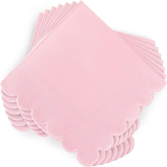 100 Pcs Pink Napkins Scalloped Edged Dessert Cocktail Napkins Folded 5 x 5 Inches Disposable Napkins for Dinner Wedding Birthday Party