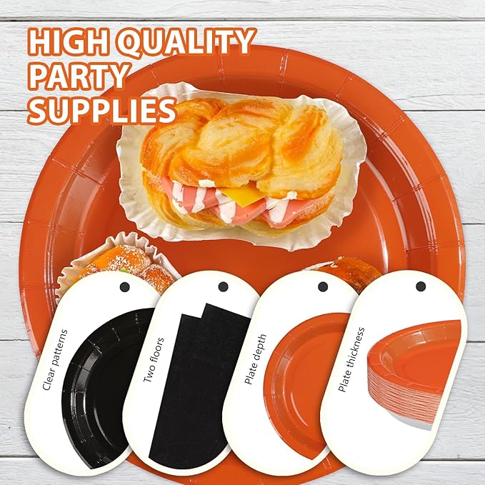 Grencian 200Pcs Orange and Black Party Decorations Orange and Black Plates and Napkins Disposable Paper Tableware for Birthday Wedding Baby Shower Halloween Fall Harvest Party Supplies, Serves 50