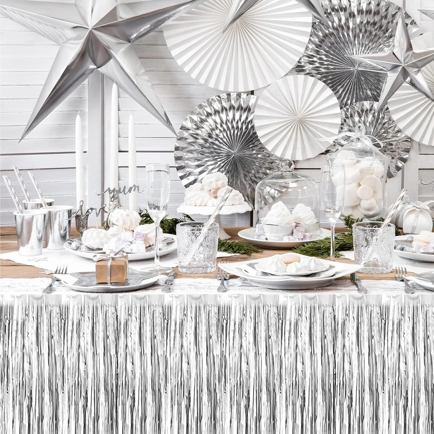 6 Pack 29x108 Inch 2024 New Year Metallic Foil Fringe Table Skirts Banner for Tinsel Streamer Garland Curtains Backdrop for Parade Floats Wedding Baby Shower Birthday Party Decoration Silver