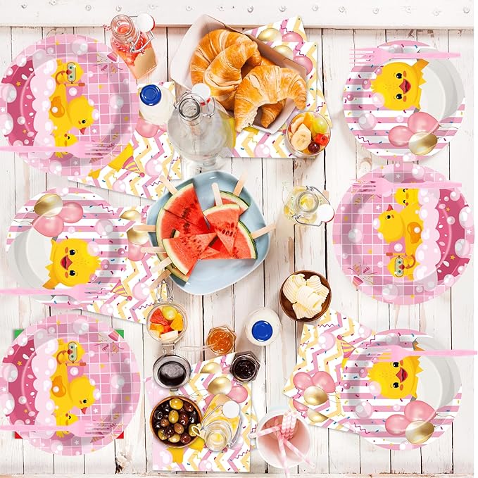 96Pcs Duck Birthday Party Supplies Pink Rubber Duck Paper Plates Napkins Duck Party Decorations Duck Themed Dinnerware Party Favor Girl Birthday Baby Shower Party Tableware Serves 24