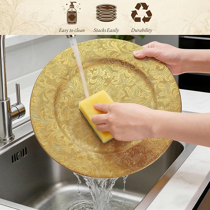 ZOOFOX 12 Pack Gold Charger Plates, 13" Plastic Round Antique Plate Chargers for Dinner Plates, Floral Charger Plates for Wedding Dinner Party Table Setting Decor