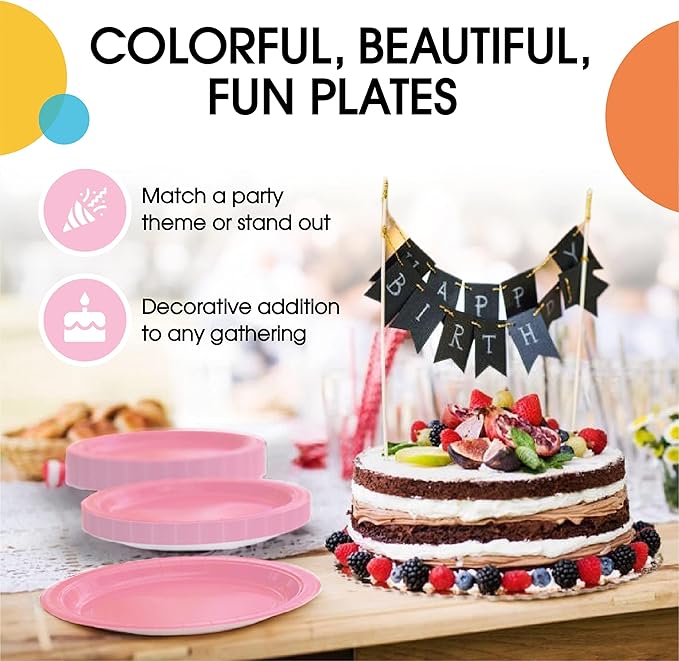 Exquisite Party Solids Pink Paper Plates Disposable Heavy Duty 9 Inch Pink Disposable Plates For Party 100 Pcs Heavy Duty 350 GSM, Birthday Supplies