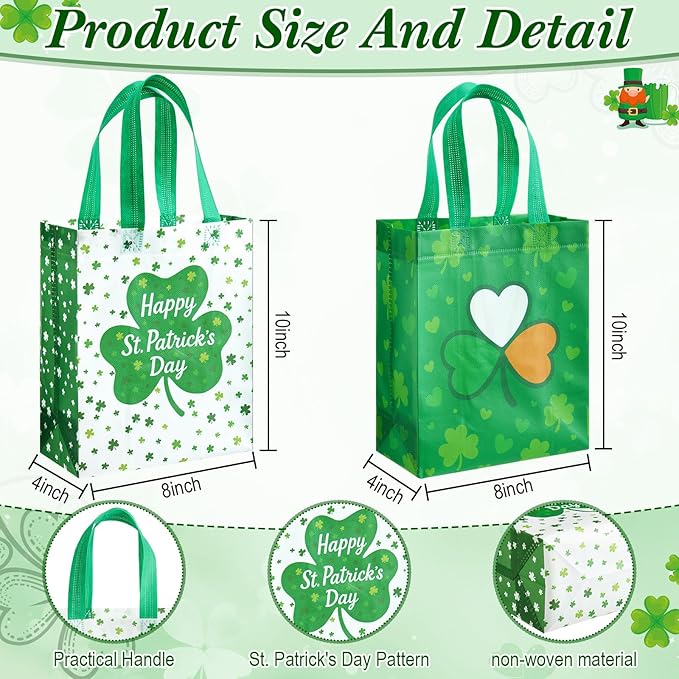 Wovnet 30 Pcs St. Patrick's Day Gift Bags with Handle Shamrock Party Favors Green Reusable Non Woven Goodie Treat Bags Clover Tote Irish Festival Themed Party Supplies 10 x 8 x 4in