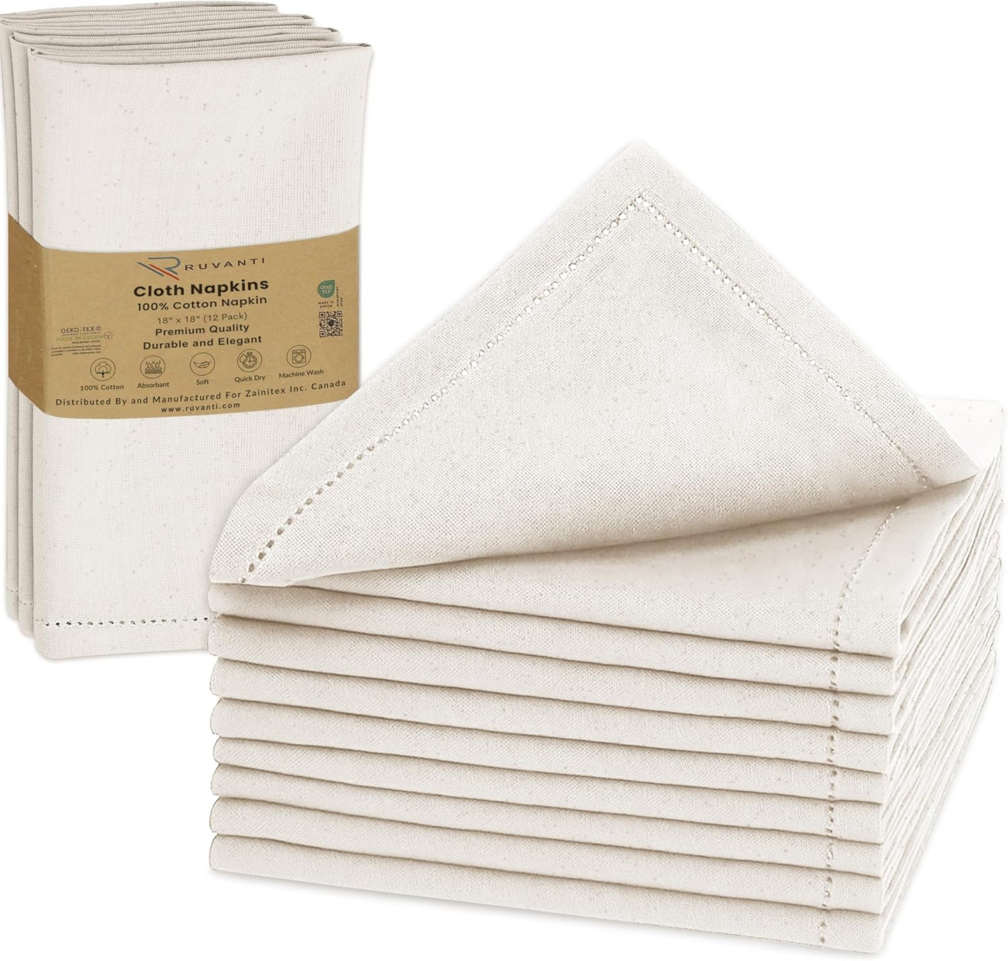 Ruvanti Cloth Napkins - 100% Cotton Dinner Napkins, Hem Stitched Corners, 18x18 Inch, 12 Pack - Soft, Absorbent, Durable, Reusable, Wrinkle Resistant for Formal Dining & Everyday Use - Natural Color