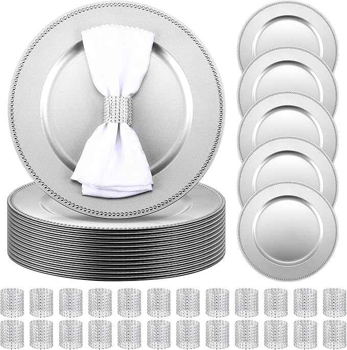 Rtteri 48 Pcs Charger Plates Set, Bulk 24 Plastic Plate Chargers with 24 Napkin Rings, 13 Inch Round Dinner Chargers for Table Setting Wedding Party Baby Shower Event Decoration(Sliver)