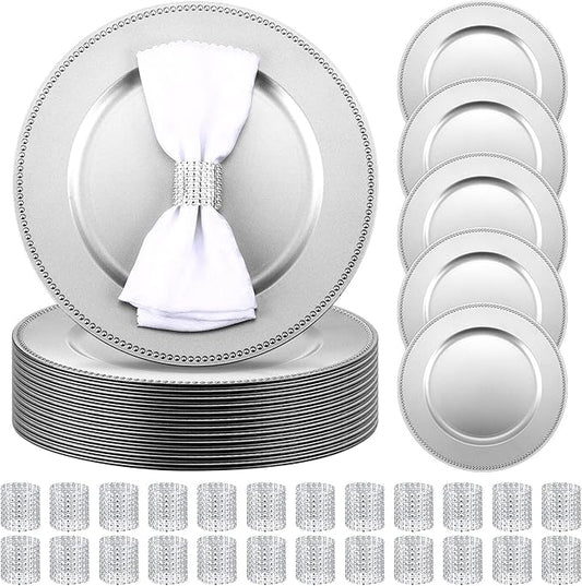 Rtteri 48 Pcs Charger Plates Set, Bulk 24 Plastic Plate Chargers with 24 Napkin Rings, 13 Inch Round Dinner Chargers for Table Setting Wedding Party Baby Shower Event Decoration(Sliver)