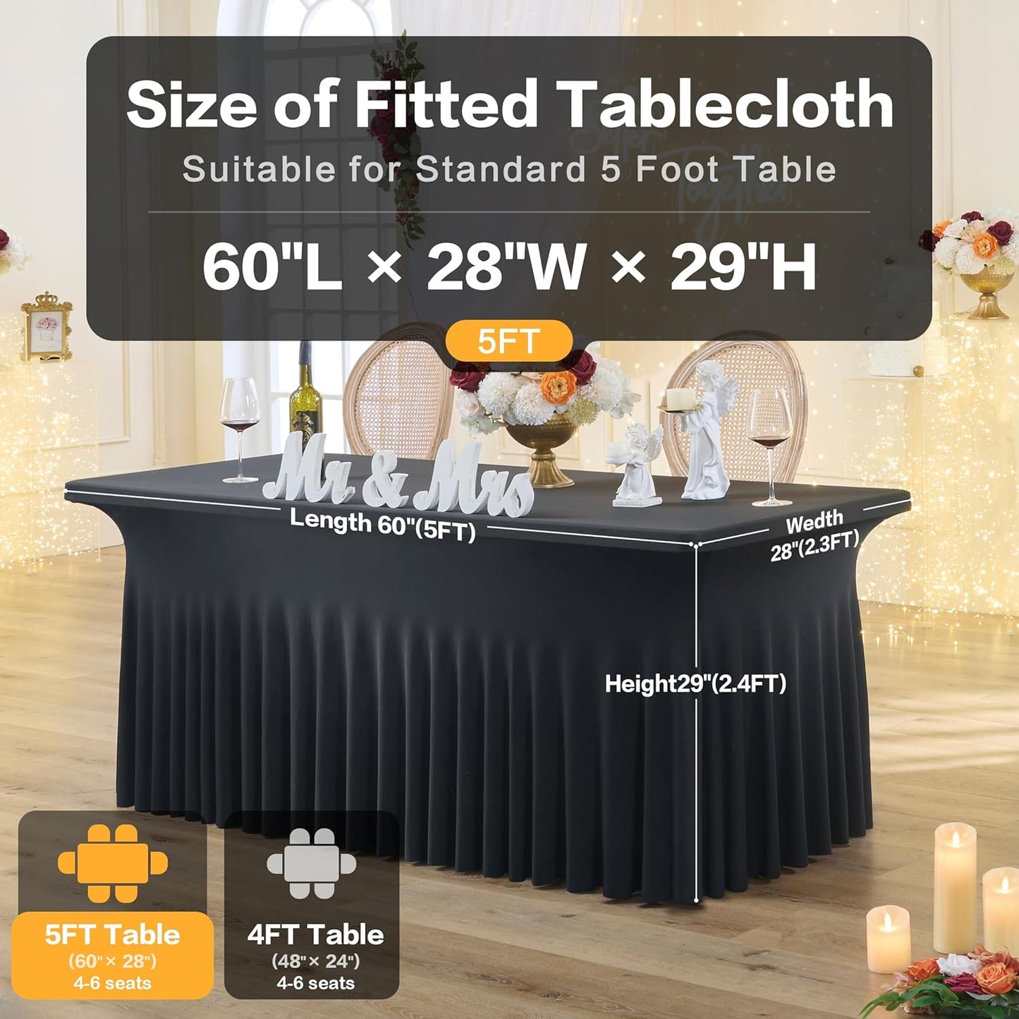 Outpain Black Spandex Table Clothes for 5 Foot Rectangle Tables-4Pack 5FT Spandex Fitted Table Cover, Wrinkle Free Tablecloths with Skirt for Parties, Wedding, Birthday, Banquet, Festival