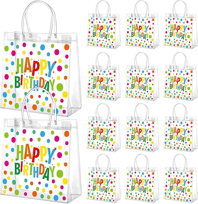 Kacctyen 24 Pcs Birthday Gift Bags for Party Favor Clear Birthday Goodie Bags with Handle 7.87 x 7.87 x 3.15 Return Gift Wrap Totes for Guests Treat Candy Wrapping