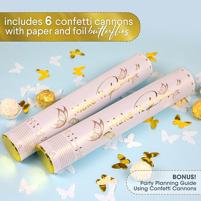PrimePure Confetti Cannon Party Poppers - Butterfly White Confetti Poppers - 6 Pack - White Paper & Gold Butterfly Pop Gun for Wedding Send Off, Bridal Shower, Graduation, Birthday, Parties