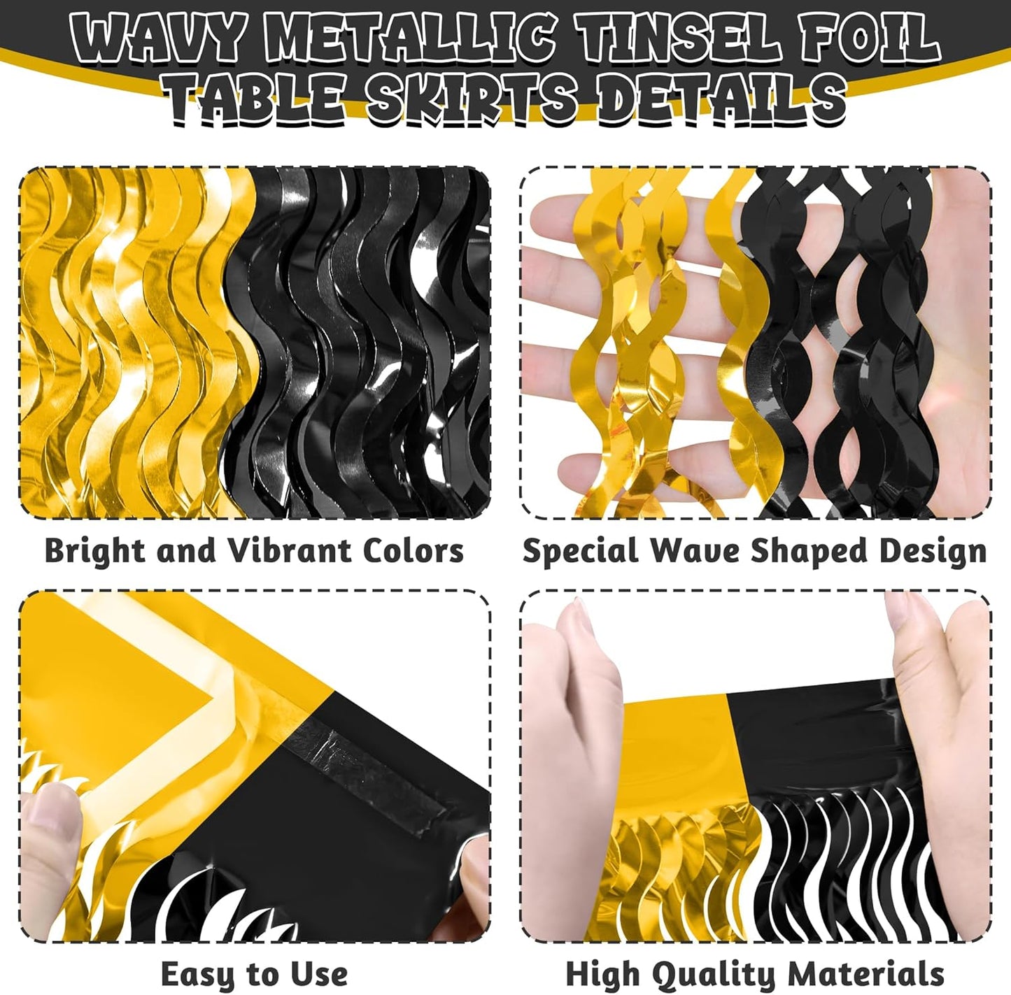 2 Pack New Years Desk Skirt, Black Gold Grass Skirt for Table, New Years Metallic Wavy Tinsel Foil Fringe Table Skirts, Table Curtain Skirts for Graduations Wedding Birthday Indoor Party Decorations