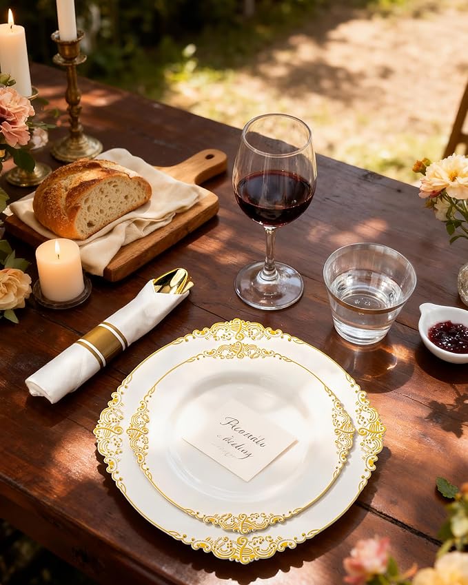 Nervure 100PCS Ivory Plastic Plates - 10.25inch Ivory and Gold Disposable Plates - Heavyweight Dinner Plate for Wedding & Party
