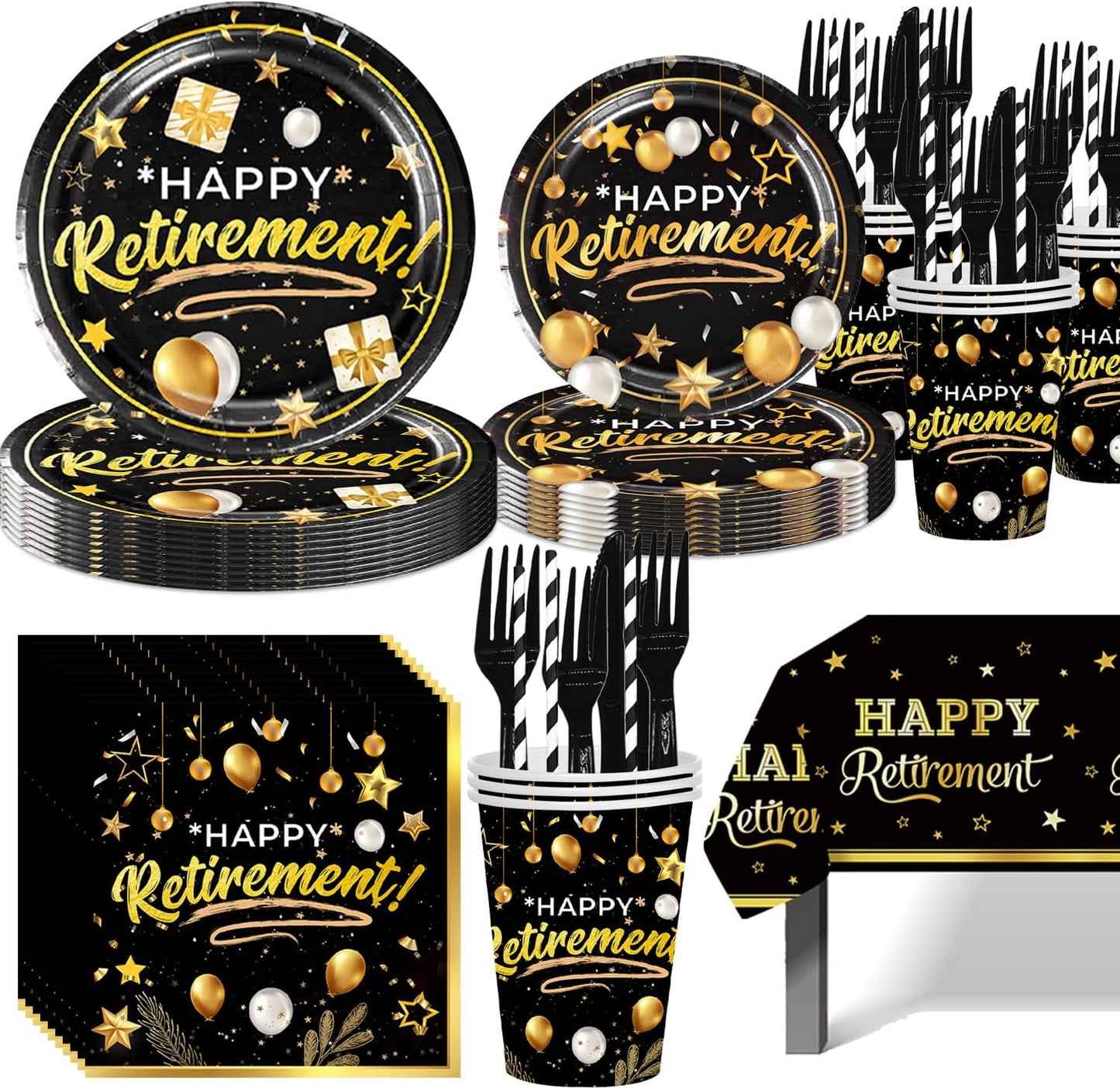 141pcs Retirement Party Decorations,Black Gold Party disposable tableware Includes Dinner Plate Dessert Plate Paper Napkin Cup Knife Fork Straws Tablecloth Black Gold Retirement Supplies set