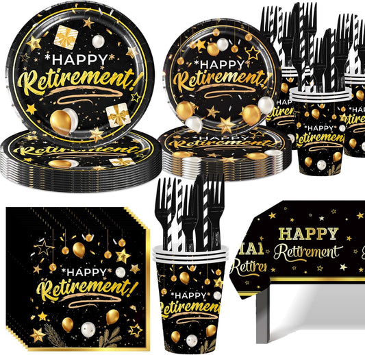 141pcs Retirement Party Decorations,Black Gold Party disposable tableware Includes Dinner Plate Dessert Plate Paper Napkin Cup Knife Fork Straws Tablecloth Black Gold Retirement Supplies set