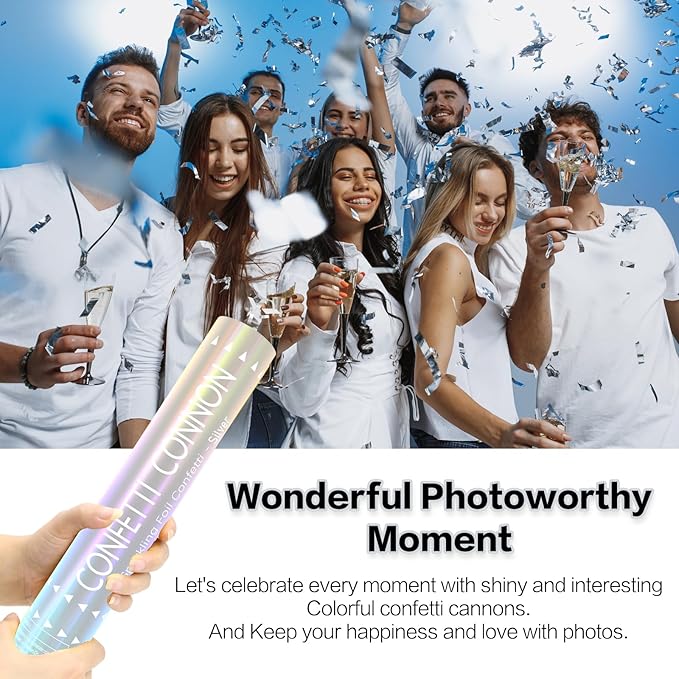FIEKEICC 12 Pack Silver Confetti Poppers - 12 Inch Confetti Cannon for Weddings, Graduations, Birthdays & New Year's Eve - Metallic Silver Party Poppers Shooters, Bulk Handheld Confetti Sticks