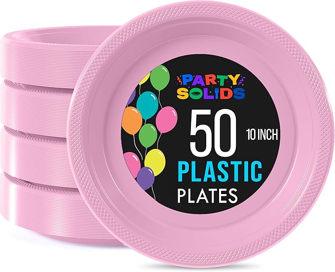 Exquisite Party Solids Pink Plastic Plates For Party Supplies 10" Pink Disposable Plates Heavy Duty 50 Pcs Plastic Dinnerware Sets Heavy Duty 350 GSM Disposable Dinnerware Set