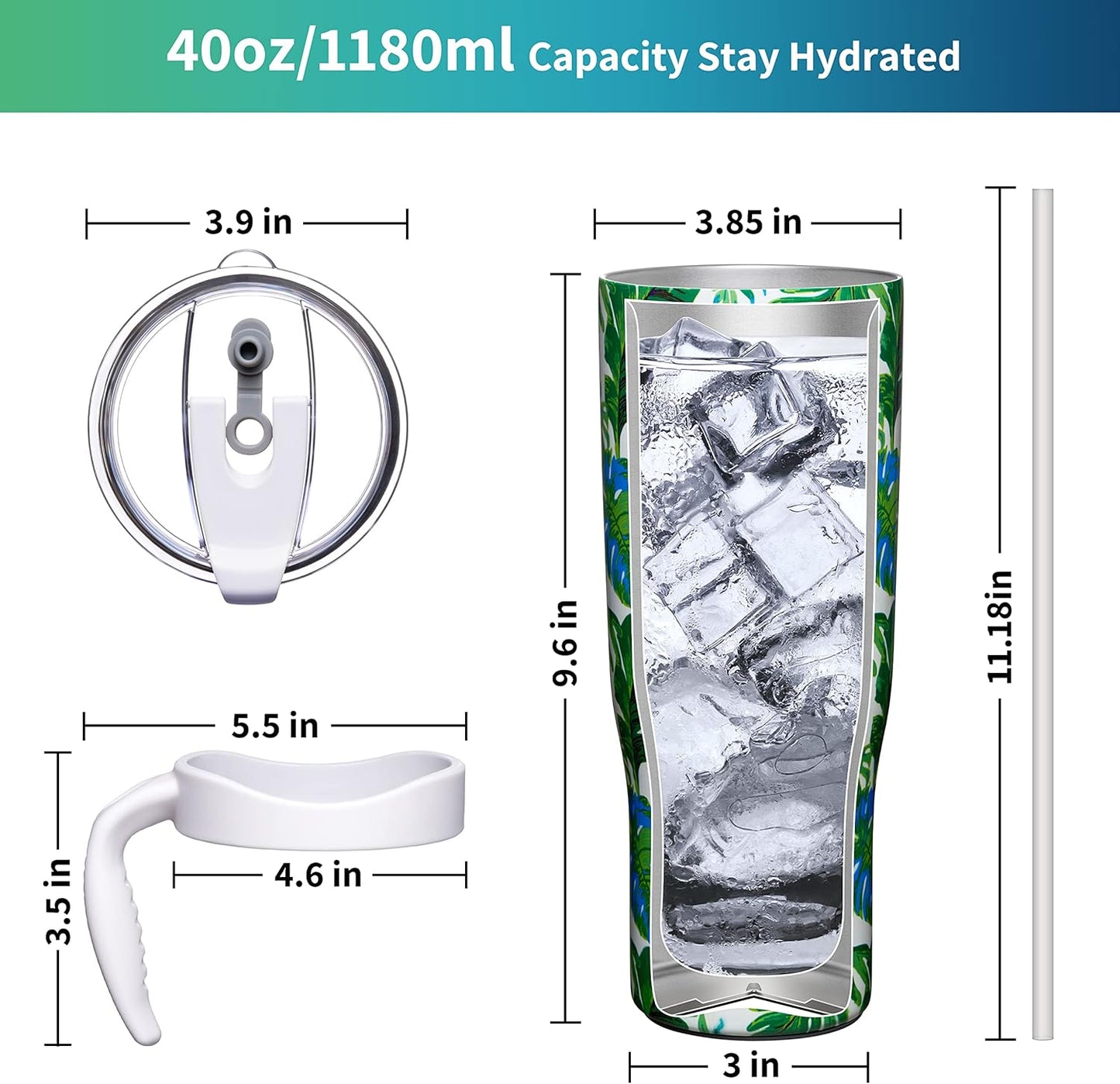 THILY Stainless Steel Vacuum Insulated Tumbler 40 oz Coffee Travel Mug with Handle and Lid, Reusable, Sweat Proof, Keep Drinks Cold for 34 Hours or Hot for 12 Hours, Green Plants