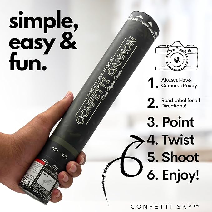 Confetti Sky [6 Pack] 12 Inch Confetti Cannons | Black Confetti Poppers for Wedding Celebration, Birthday Party, Pranks, Graduation, Christmas Eve and New Year Celebration