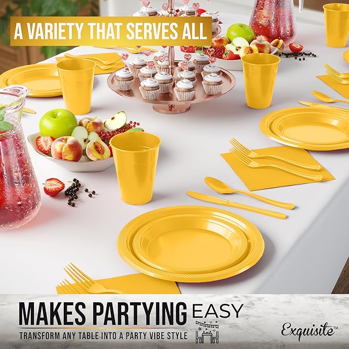 350 Pcs Yellow Plastic Plates For Party, Yellow Disposable Plates Set, 50 Of Each 9" Dinner Plate Set, 7" Dessert Plate, Cups, Napkins & Cutlery Plastic Dinnerware Exquisite