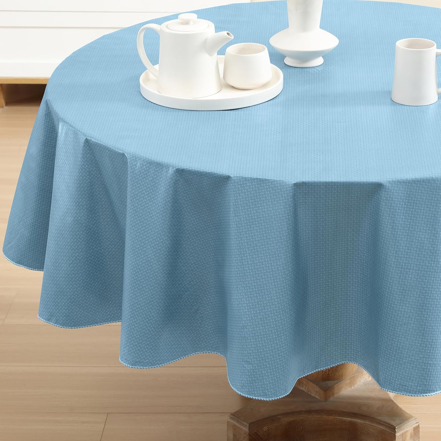 Newbridge Basketweave Vinyl Flannel Backed Tablecloth, 70 Inch Round, Blue, Basket Weave Textured Indoor Outdoor Waterproof Table Cover for Patio, Kitchen, Dining