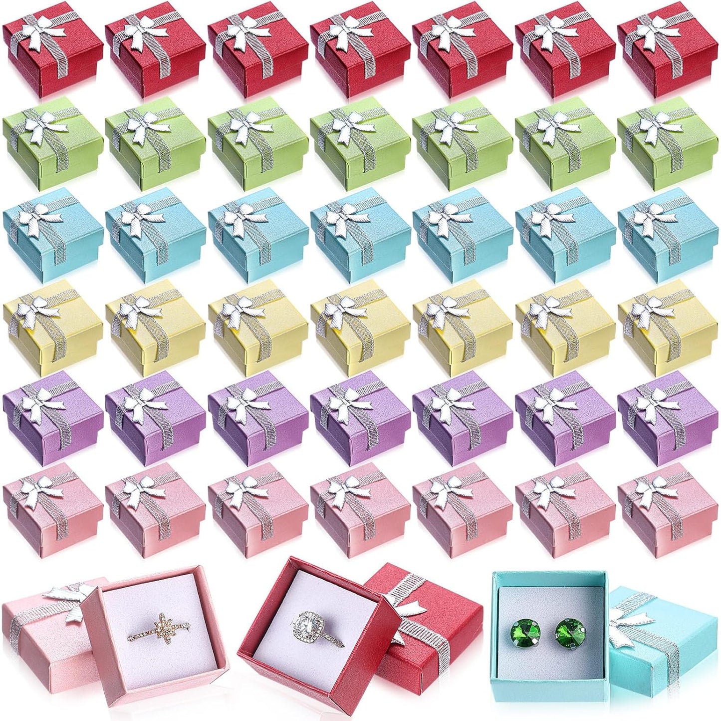 72 Pcs Ring Boxes 1.6 x 1.6 In Hard Cardboard Jewelry Box with Ribbon Bow Small Jewelry Gift Cases for Small Business(Delicate Color)