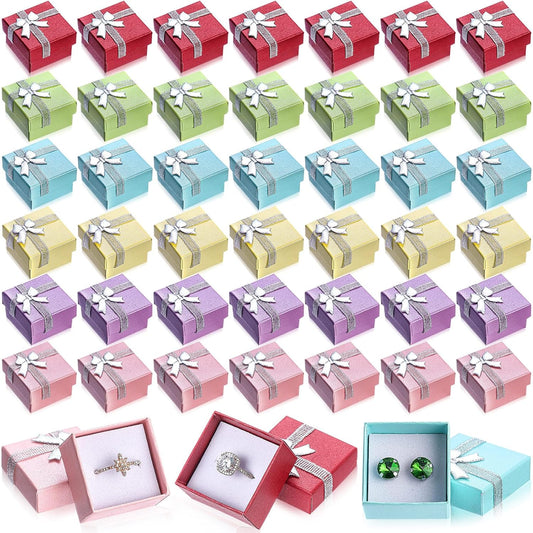 72 Pcs Ring Boxes 1.6 x 1.6 In Hard Cardboard Jewelry Box with Ribbon Bow Small Jewelry Gift Cases for Small Business(Delicate Color)
