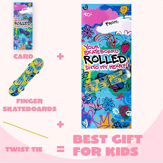JOYIN 28 Pcs Valentines Day Finger Skateboards with Cards for Kids, Valentine Party Favor, Greeting Cards, Classroom Exchange Prizes, Holiday Reward Gifts, Finger Skateboard Toys
