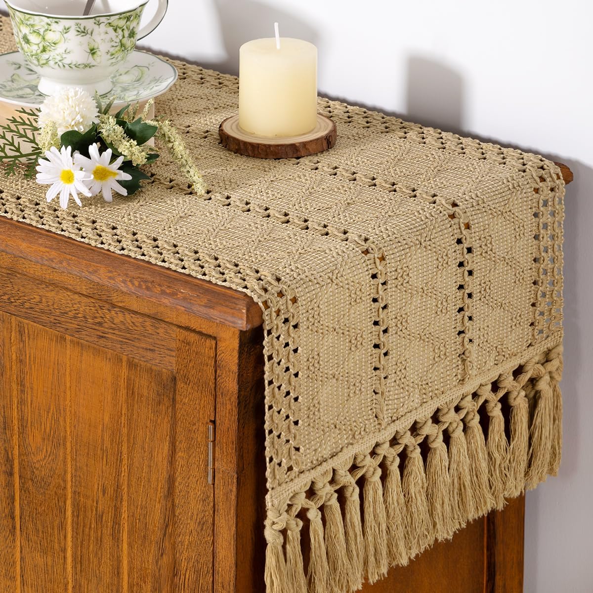 Socomi Boho Table Runner Fall Thanksgiving Farmhouse Rustic Dining Kitchen Centerpiece Decor Small Macrame Woven Cotton Linen Coffee Table Runner for Dresser Scarf Home Decor 12x60 inch Champagne