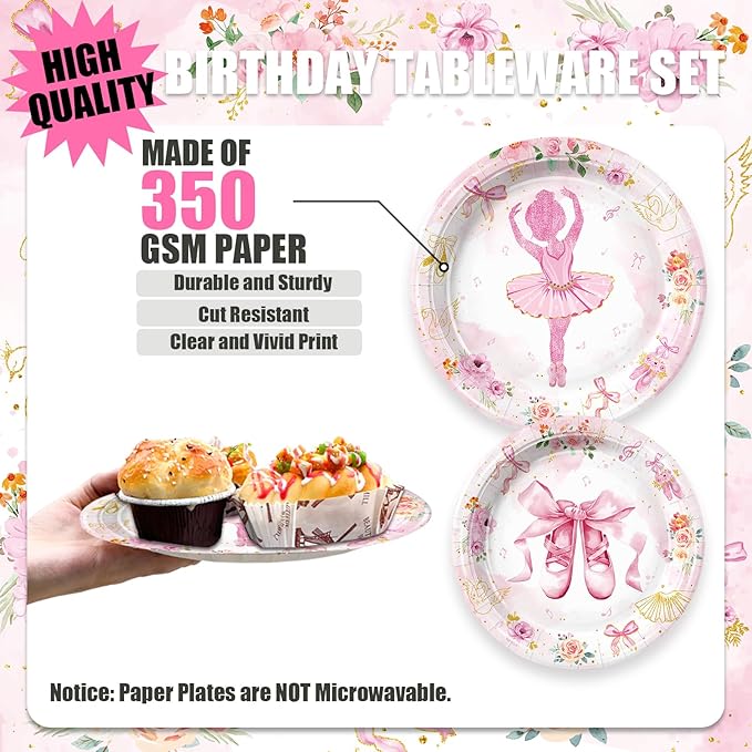 Ballerina Party Supplies Set Ballet Theme Tableware Kit with Plates and Napkins for 1st 2nd Birthday Decorations Serve 24 Guests