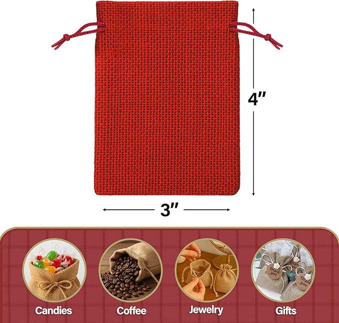 Mandala Crafts 3x4 Inch Red Burlap Drawstring Gift Bags for Favors - 50 Mini Linen Sacks Gift Pouches for Candy, Jewelry, Wedding, and Party Supplies