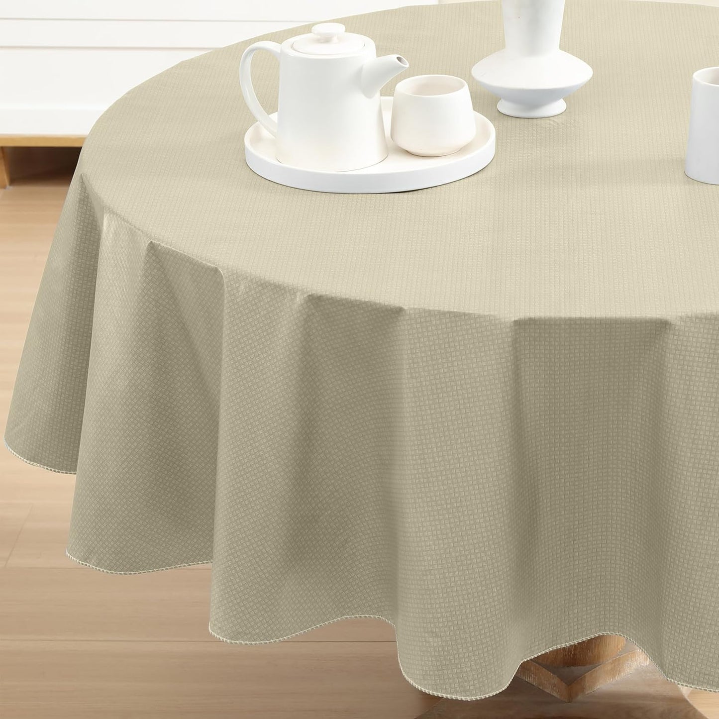 Newbridge Basketweave Vinyl Flannel Backed Tablecloth, 70 Inch Round, Natural, Basket Weave Textured Indoor Outdoor Waterproof Table Cover for Patio, Kitchen, Dining