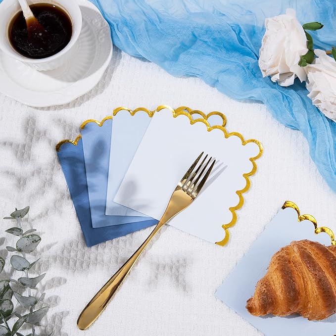 100 Pcs Blue Scalloped Napkins with Gold Foil Gradient Color Cocktail Napkin Folded 5 x 5 Beverage Napkins Disposable Paper Napkins for Birthday Party Supplies