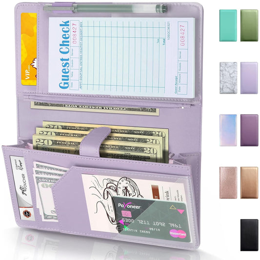 Server Book High Volume, Expandable Server Book,5"×9", Waitress Waiter Book, Leather Waitress Book with 2 Zipper Pockets and Magnetic Pocket, Server Books Server Booklet Fit Server Apron, Light Purple