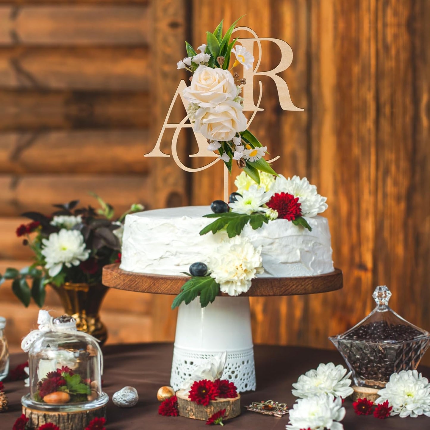 Wedding Cake Topper with 3D Artificial Flowers and Green Leaves Custom Initials Personalized Wooden Engagement Anniversary Cake Decoration