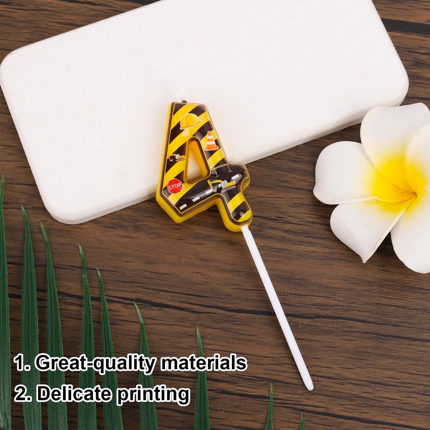 Construction Birthday Number Candles, Yellow & Black Striped Cake Topper Building Theme Party Decorations for Graduation Anniversary Celebration (Number 4)