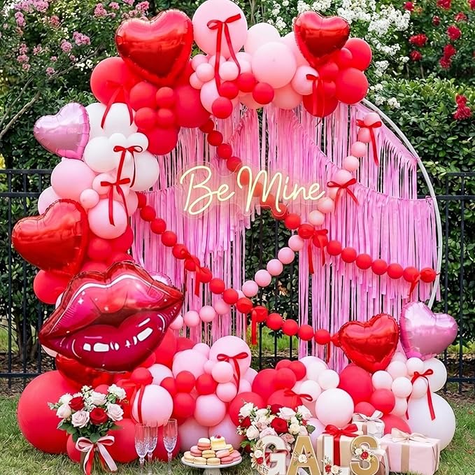 Galentine's Day Decoration Valentine's Day Balloon Arch Kit - 153Pcs White Pink Red Heart Balloons & Red Lip Foil Balloon Garland with Red Ribbon for Mother's Day, Wedding, Birthday Party Decorations