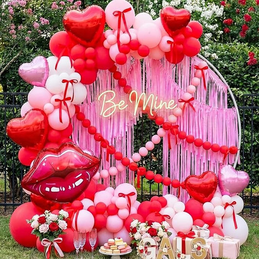 Galentine's Day Decoration Valentine's Day Balloon Arch Kit - 153Pcs White Pink Red Heart Balloons & Red Lip Foil Balloon Garland with Red Ribbon for Mother's Day, Wedding, Birthday Party Decorations