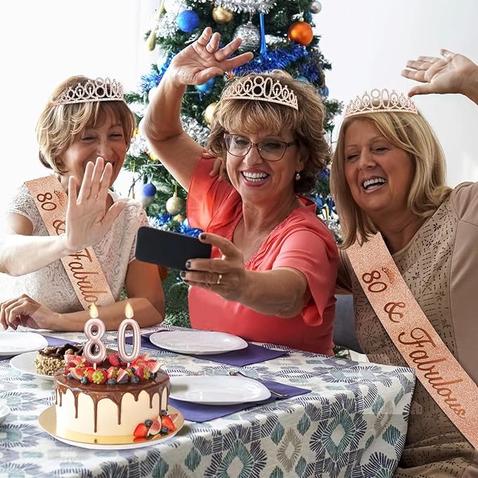 80th Birthday Decoration for Women with Rose Gold Sash, Tiara,Numbers Candles, Sincere 80th Birthday Gifts for Women