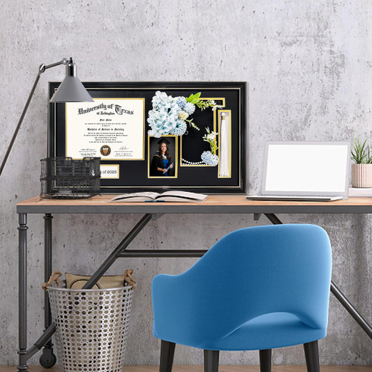 GraduationMall Class of 2025 Graduation Frame for 8.5x11 Diploma & 4x6 Photo with Graduation Cap & Tassel Holder, Black Wood Display Case with Black Gold Mat