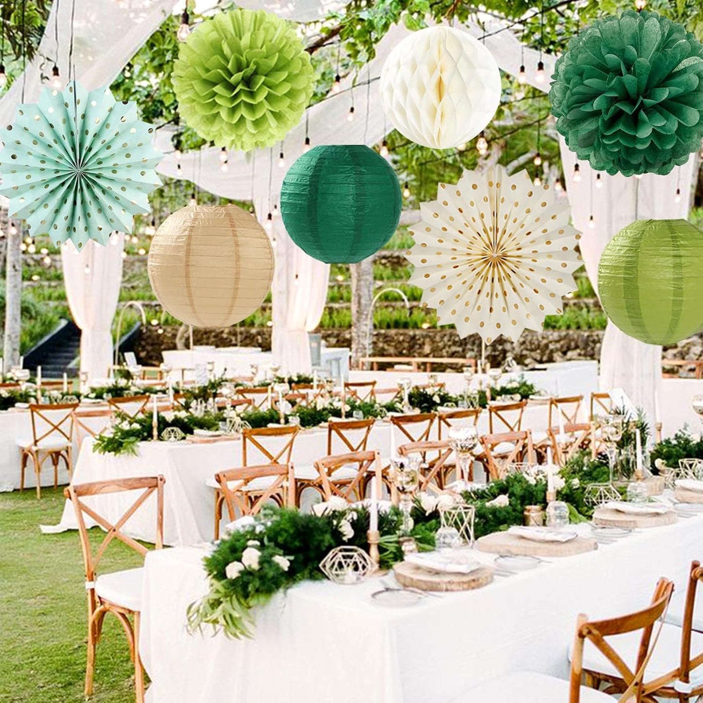 Sage Green Gold Party-Decorations Streamers-Lanterns - 14pcs Olive Paper Fan Honeycomb, Rustic Boho Neutral Birthday Tissue Pom Poms, Baby Bridal Shower Wedding Bachelorette Decor Lasting Surprise