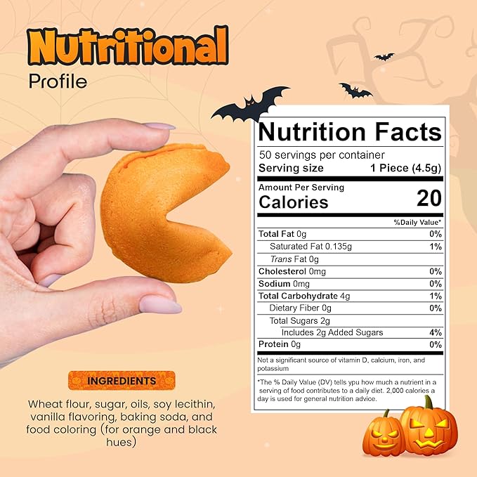 4E's Novelty Halloween Fortune Cookies Bulk - 50 Individually Wrapped with 50 Funny & Scary Fortune Cookies Sayings for Kids & Adults, Trick-or-Treat Perfect for Halloween Party