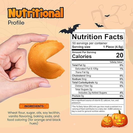 4E's Novelty Halloween Fortune Cookies Bulk - 50 Individually Wrapped with 50 Funny & Scary Fortune Cookies Sayings for Kids & Adults, Trick-or-Treat Perfect for Halloween Party