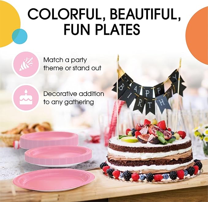 Exquisite Pink Paper Plates Disposable Heavy Duty 7 Inch Pink Disposable Plates For Party 100 Pcs Heavy Duty Paper Plate 350 GSM, Birthday Party Supplies Plate Set