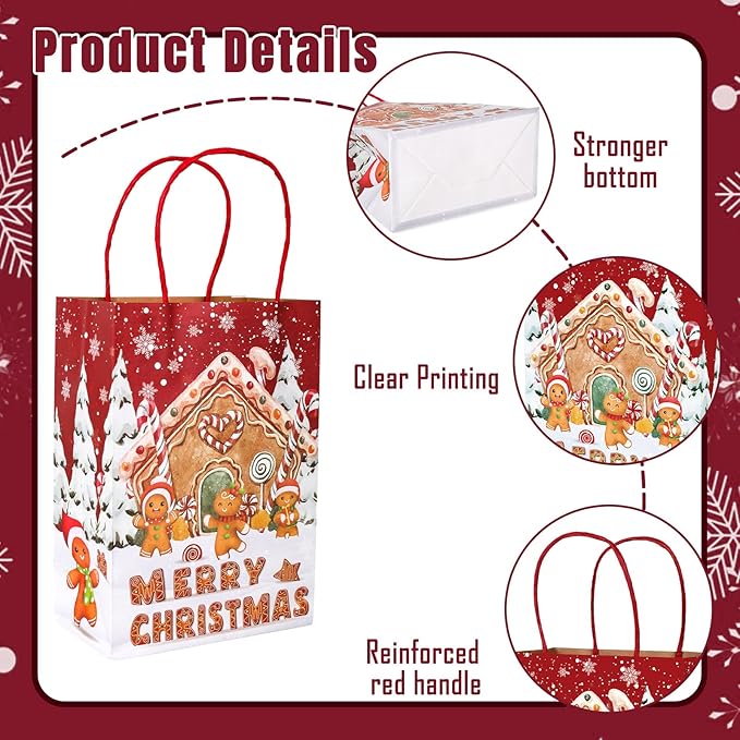 JarThenaAMCS 24Pcs Christmas Gingerbread Paper Gift Bags Merry Christmas Treat Bags with Handles Winter Snowy Candy Goodie Bag Grocery Bag for Xmas Party Supplies