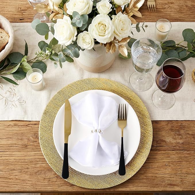 Tanlade 30 Pcs Charger Plates Bulk 13 Inch Plastic Texture Strip Wedding Chargers Floral Decorative Plates with Metallic Ruffled Rim for Wedding Party, Holiday Event Supplies(Gold)